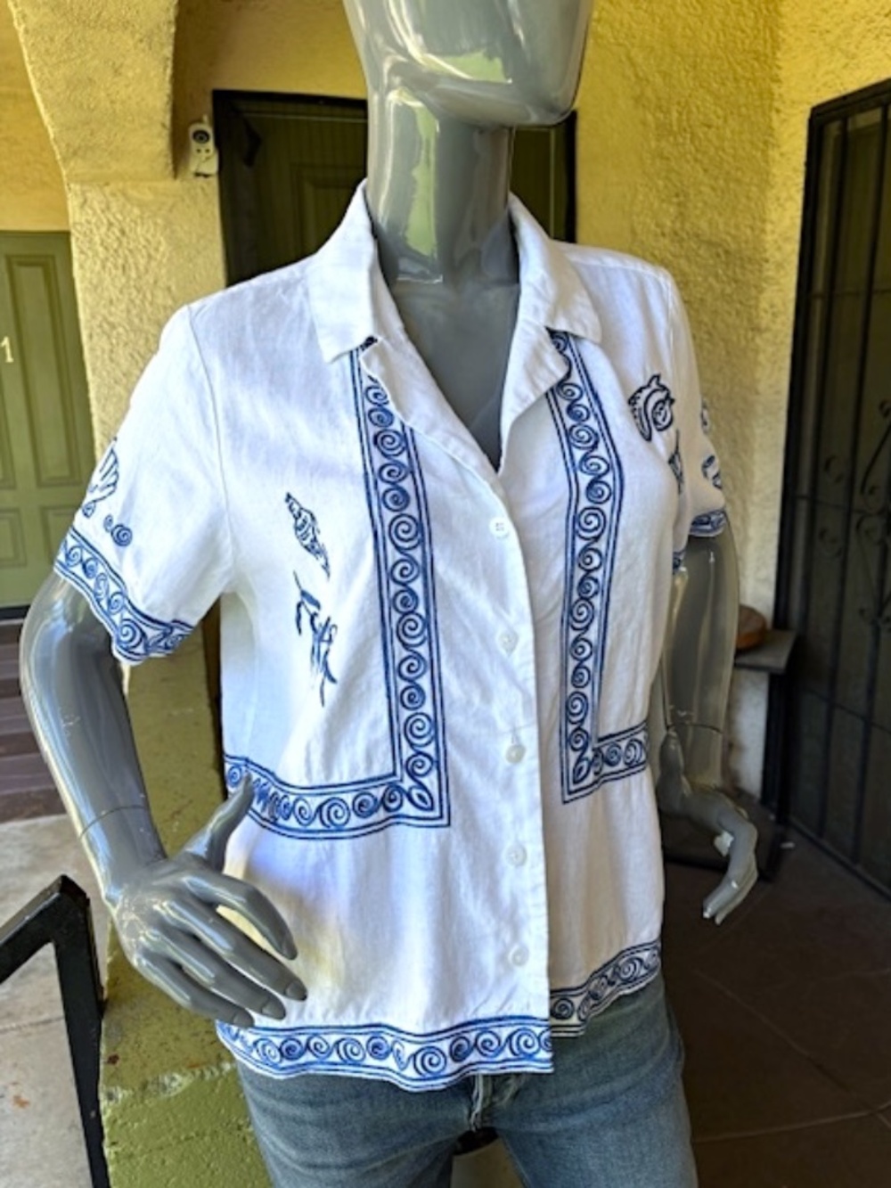 MADEWELL X LISA SAYS GAH Embroidered S/S Linen Camp Shirt EUC/sz S - Picture 4 of 13